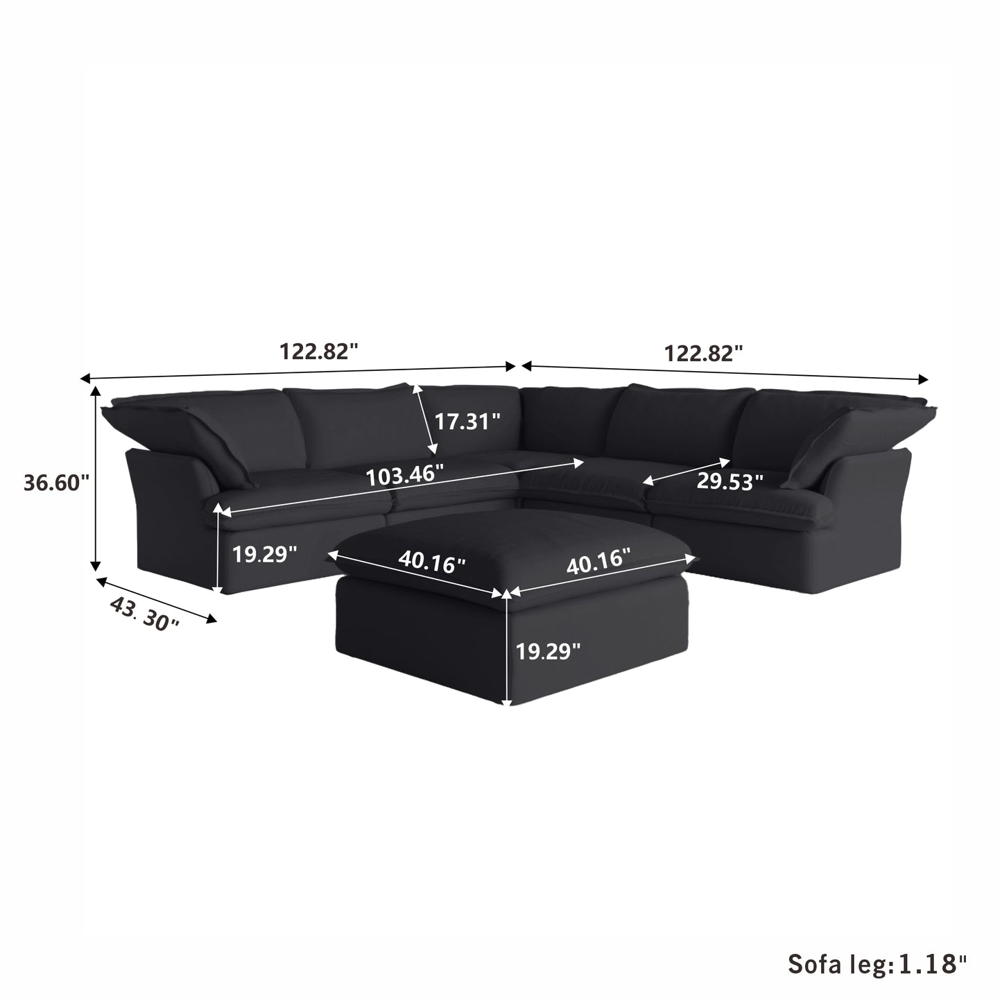 Modular Luxe 5-Seater Corner Sectional + Ottoman in Black