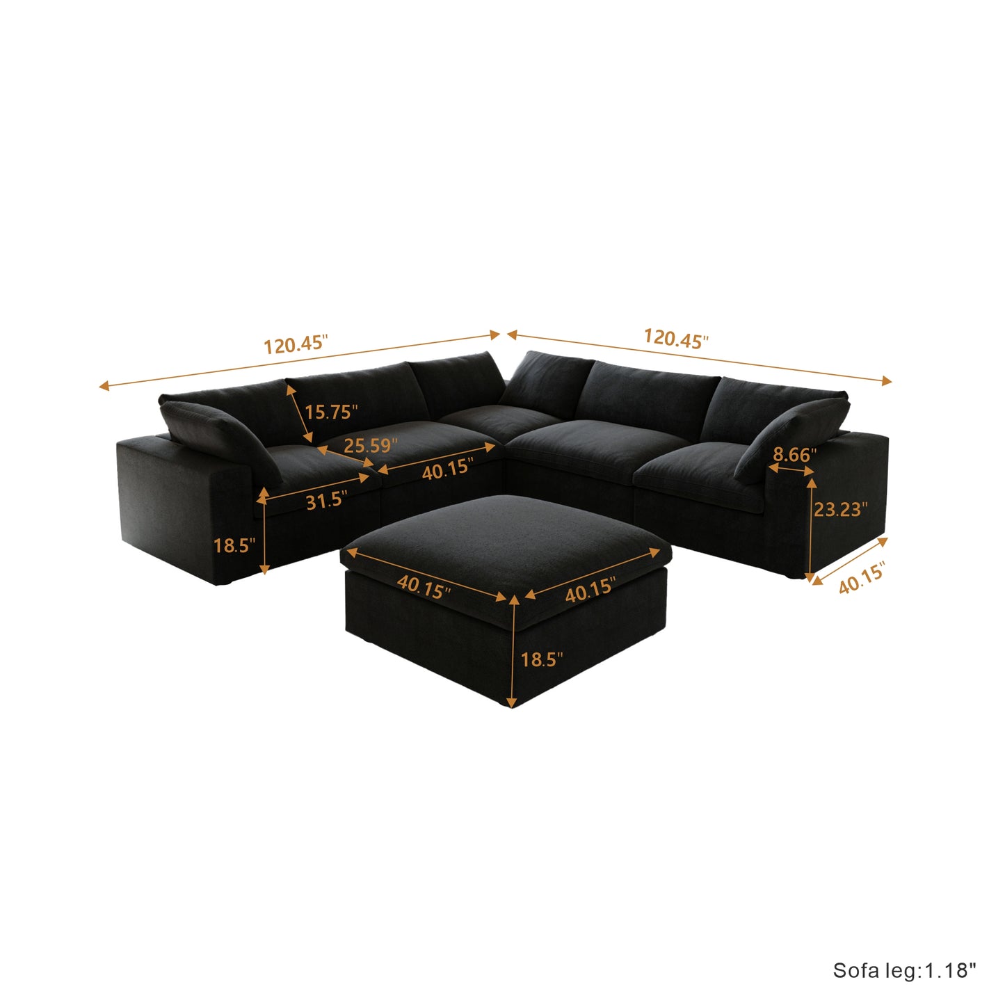 Classic Modular 5-Seater Corner Sectional + Ottoman in Black