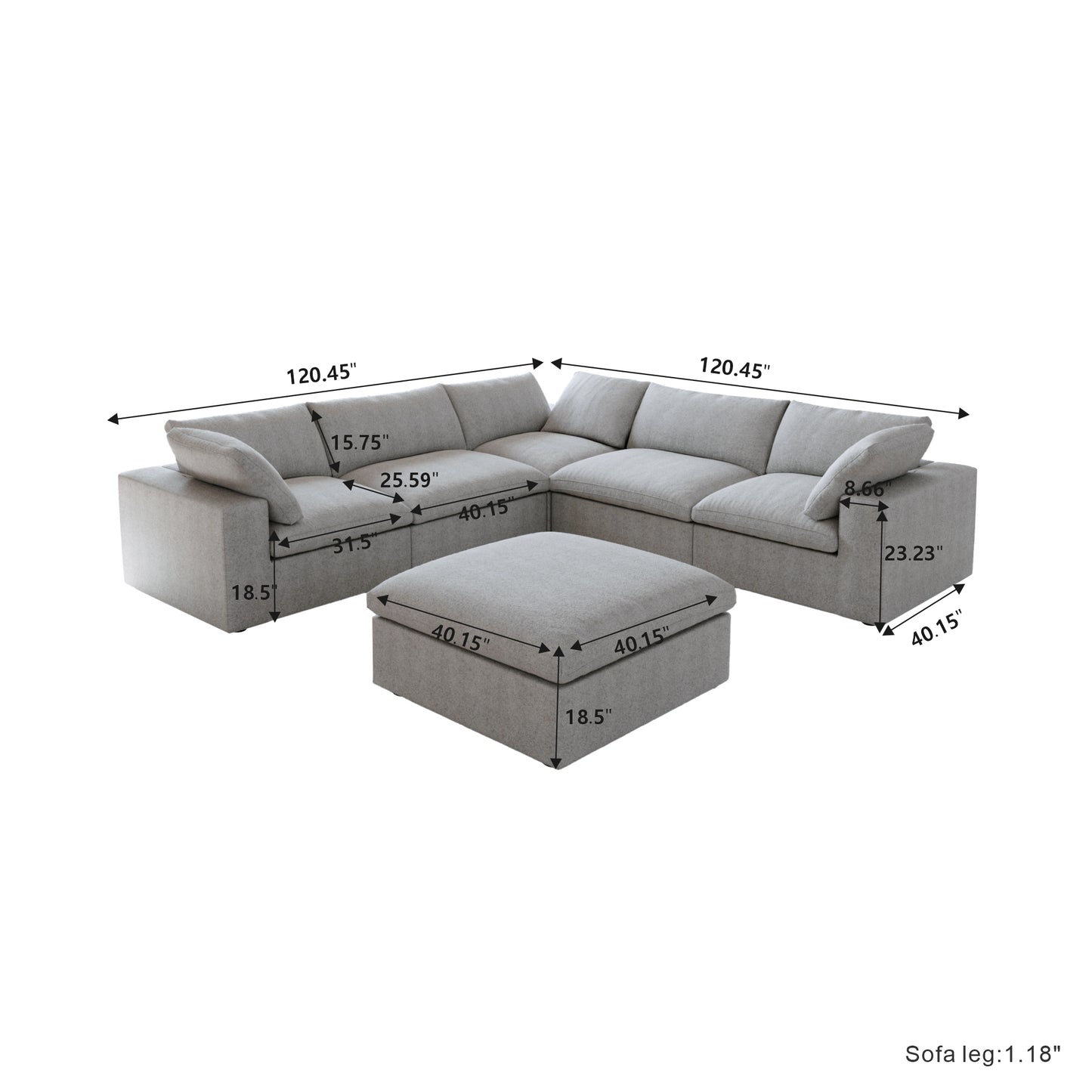 Classic Modular 5-Seater Corner Sectional + Ottoman in Gray