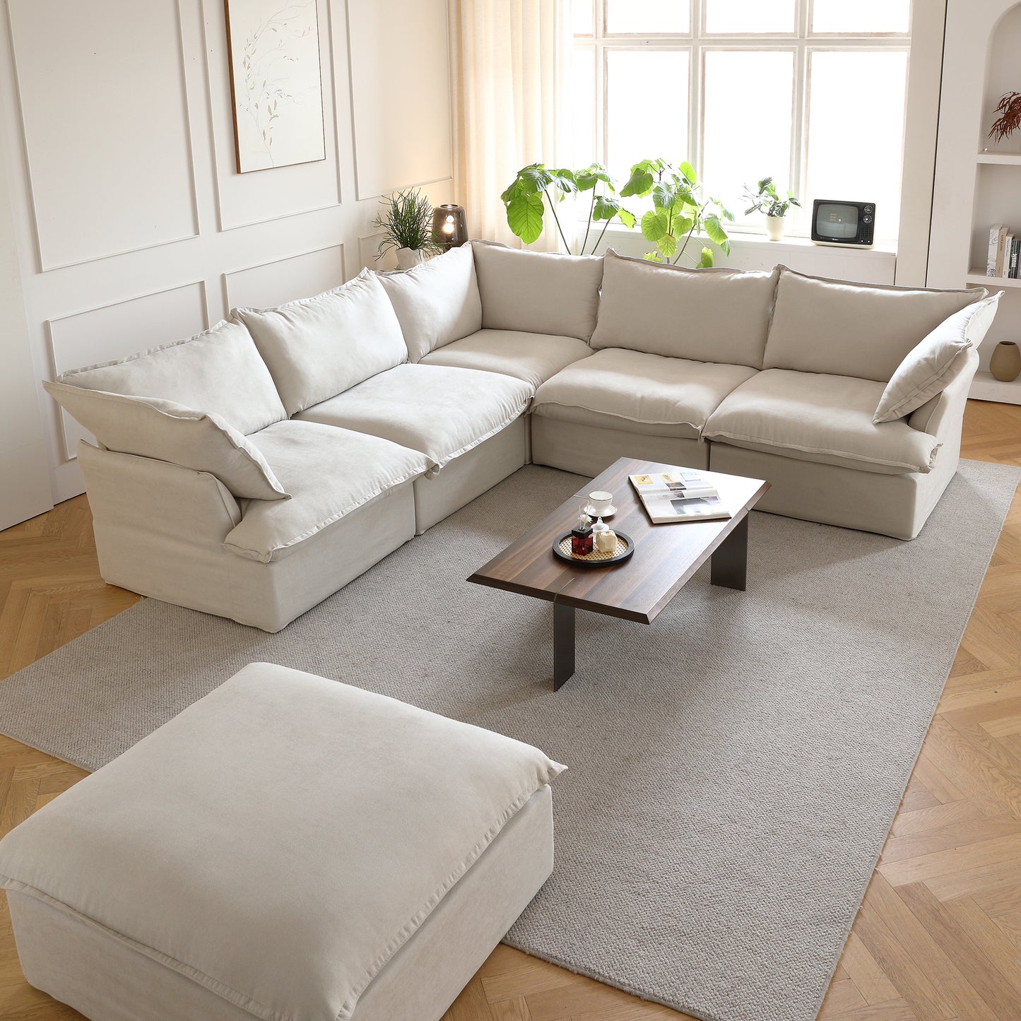 Modular Luxe 5-Seater Corner Sectional + Ottoman in Beige