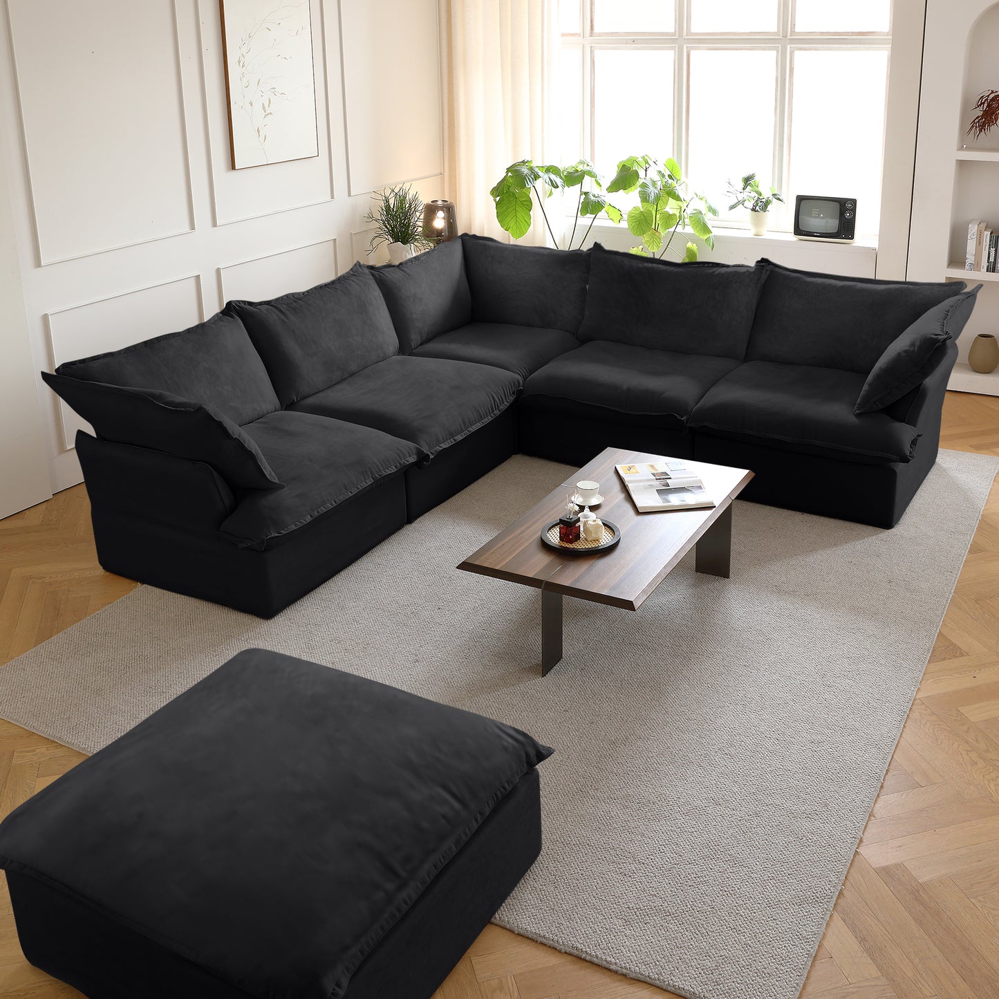Modular Luxe 5-Seater Corner Sectional + Ottoman in Black