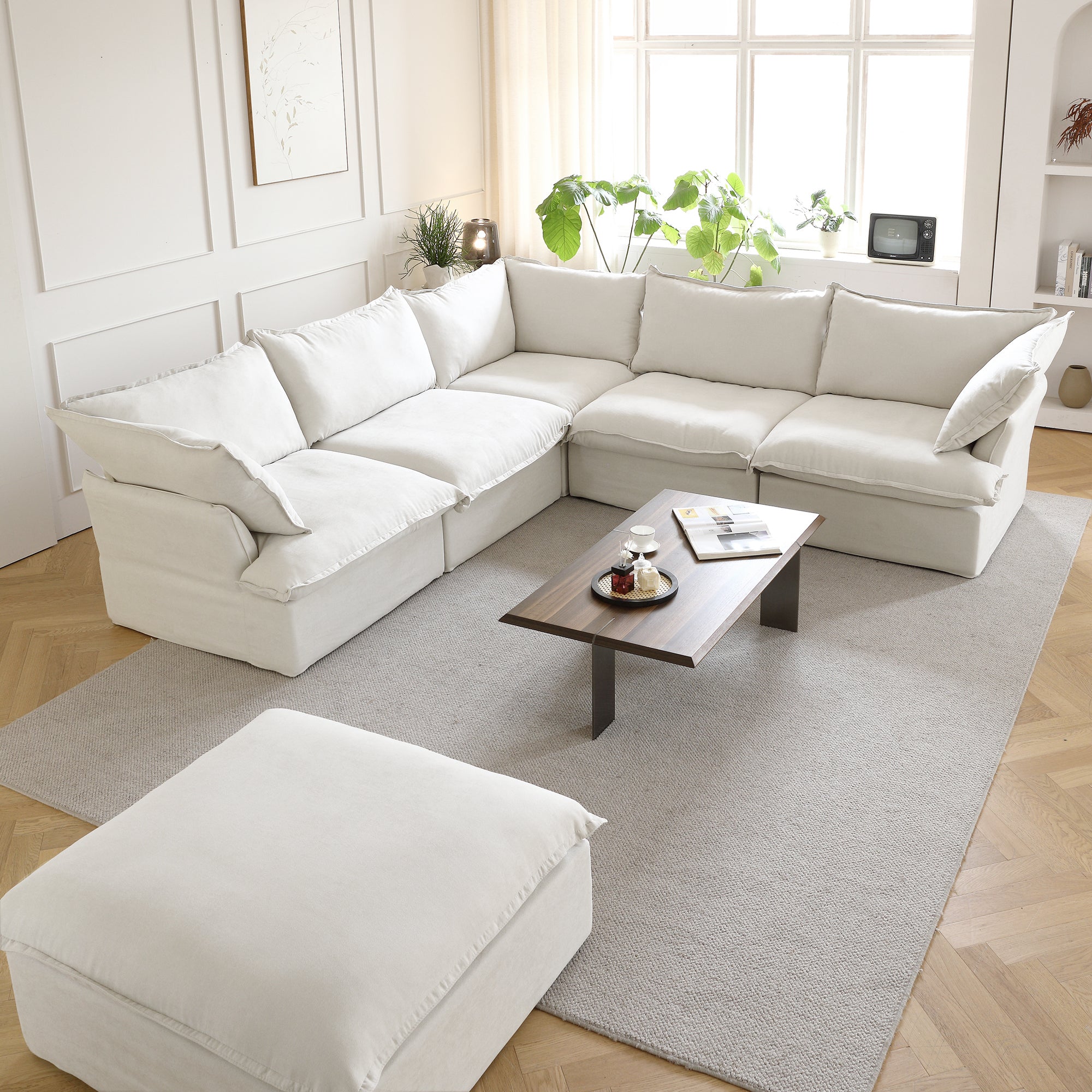 Modular Luxe 5-Seater Corner Sectional + Ottoman in White — Nationwide