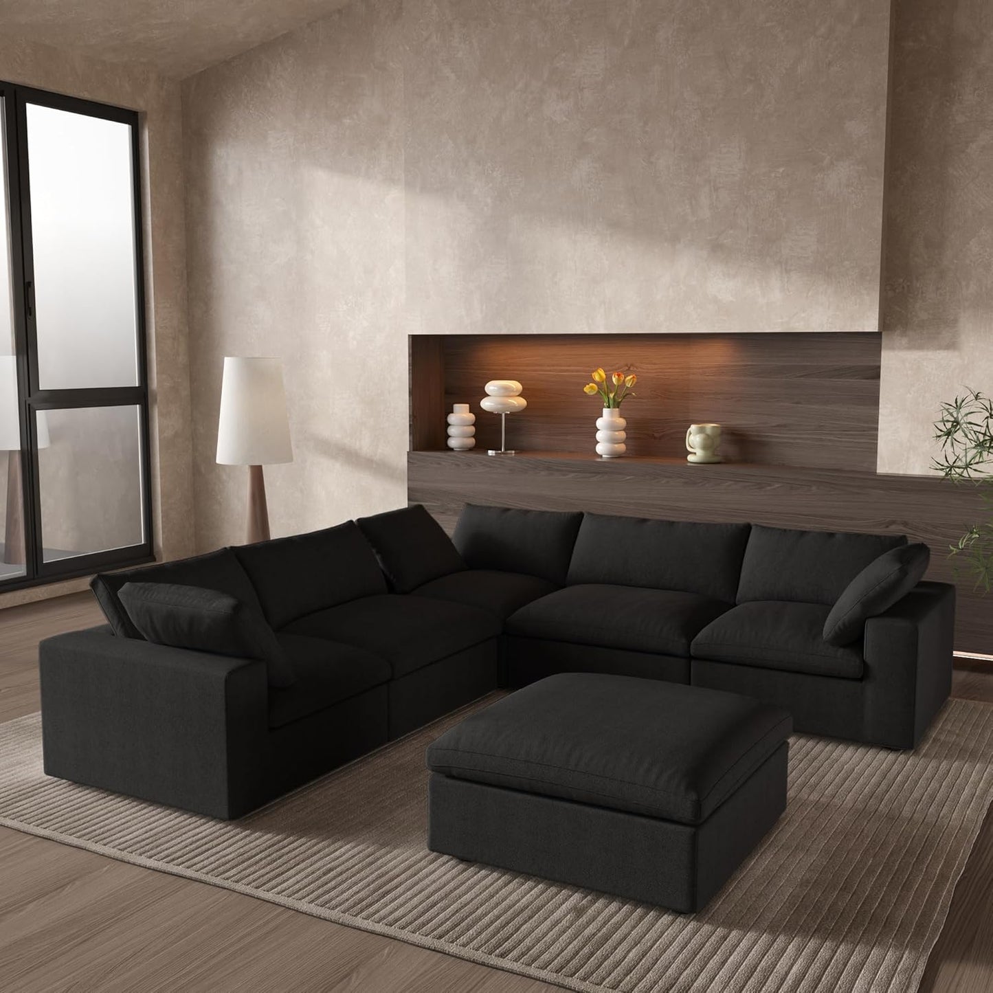 Classic Modular 5-Seater Corner Sectional + Ottoman in Black