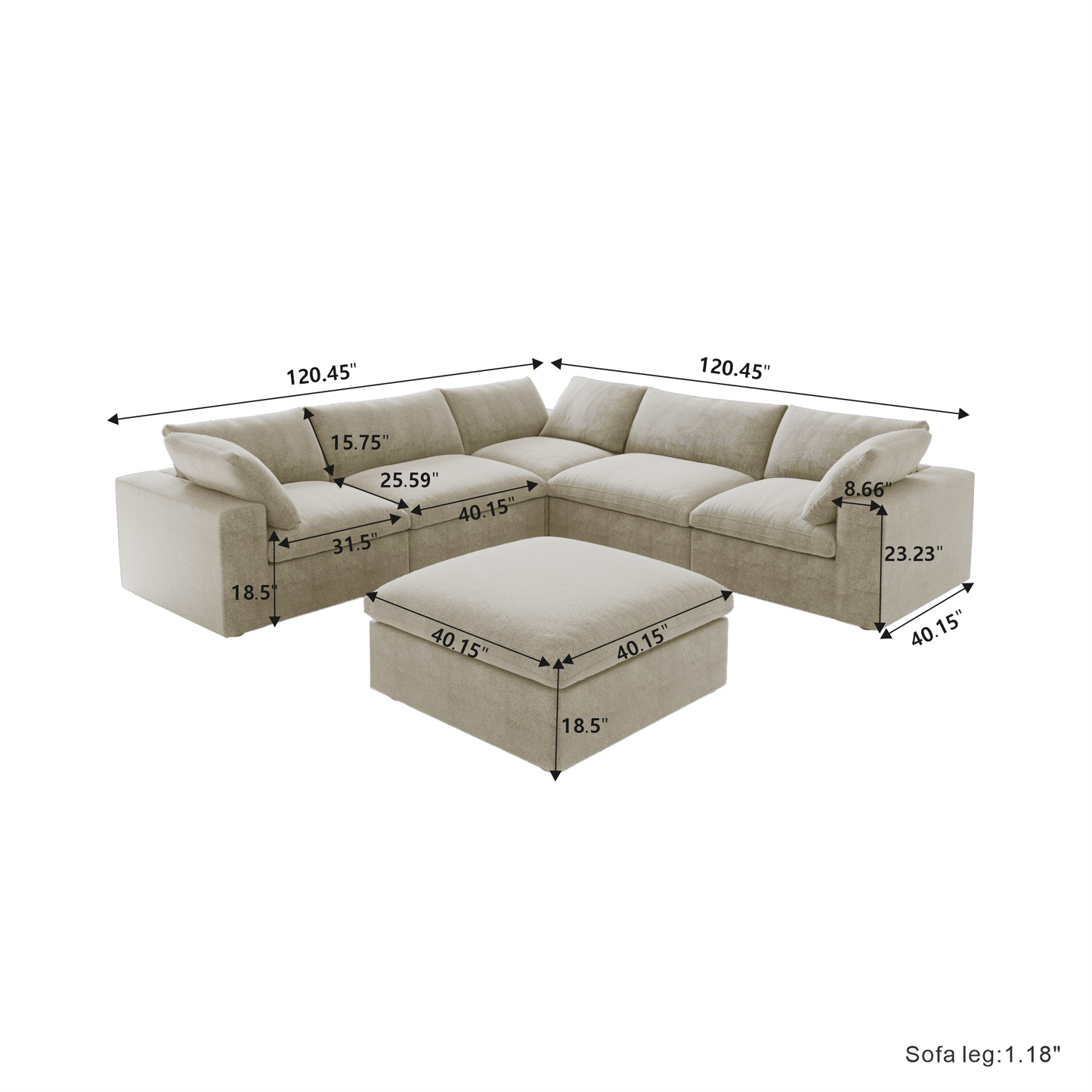 Classic Modular 5-Seater Corner Sectional + Ottoman in Khaki — Nationwide