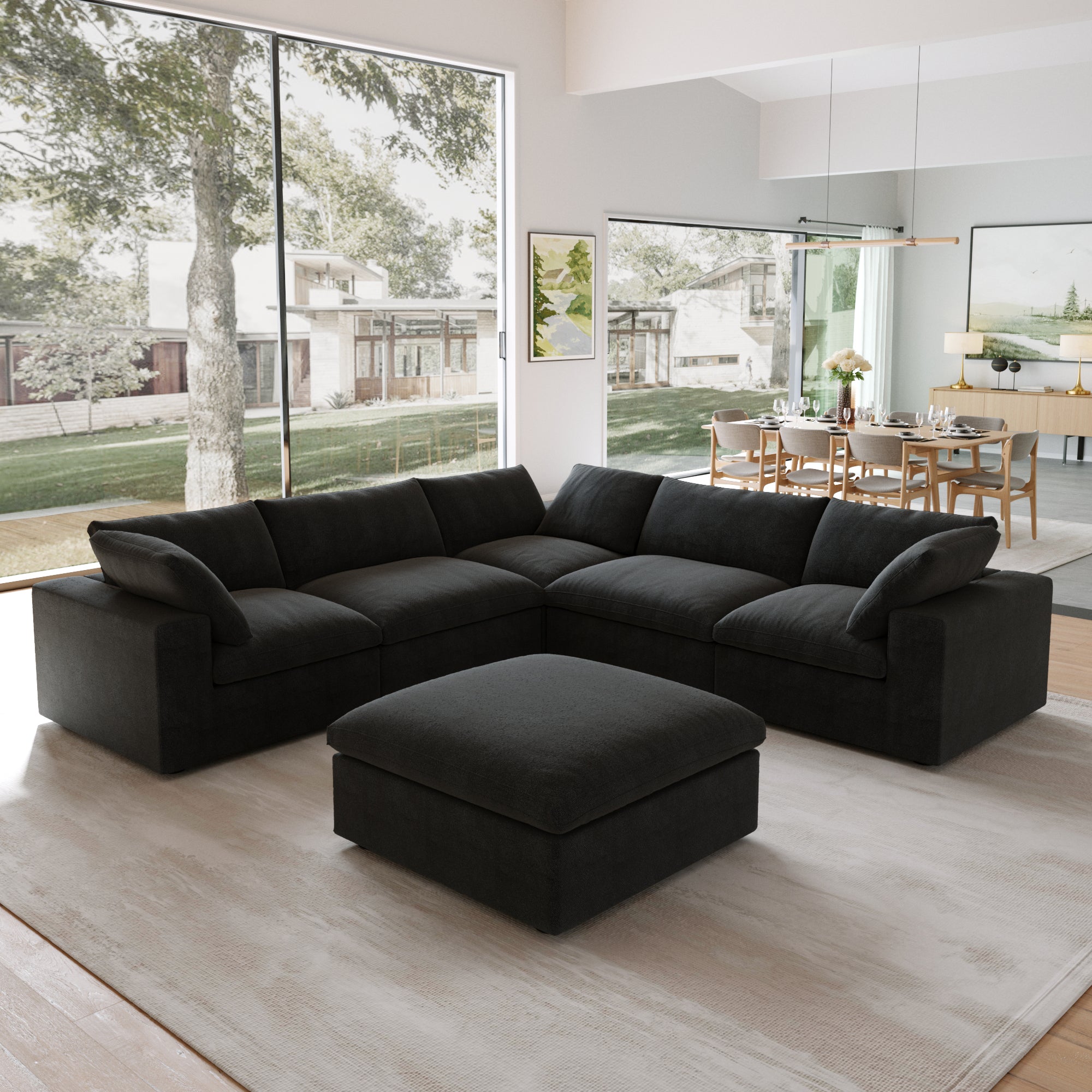 Classic Modular 5-Seater Corner Sectional + Ottoman in Black
