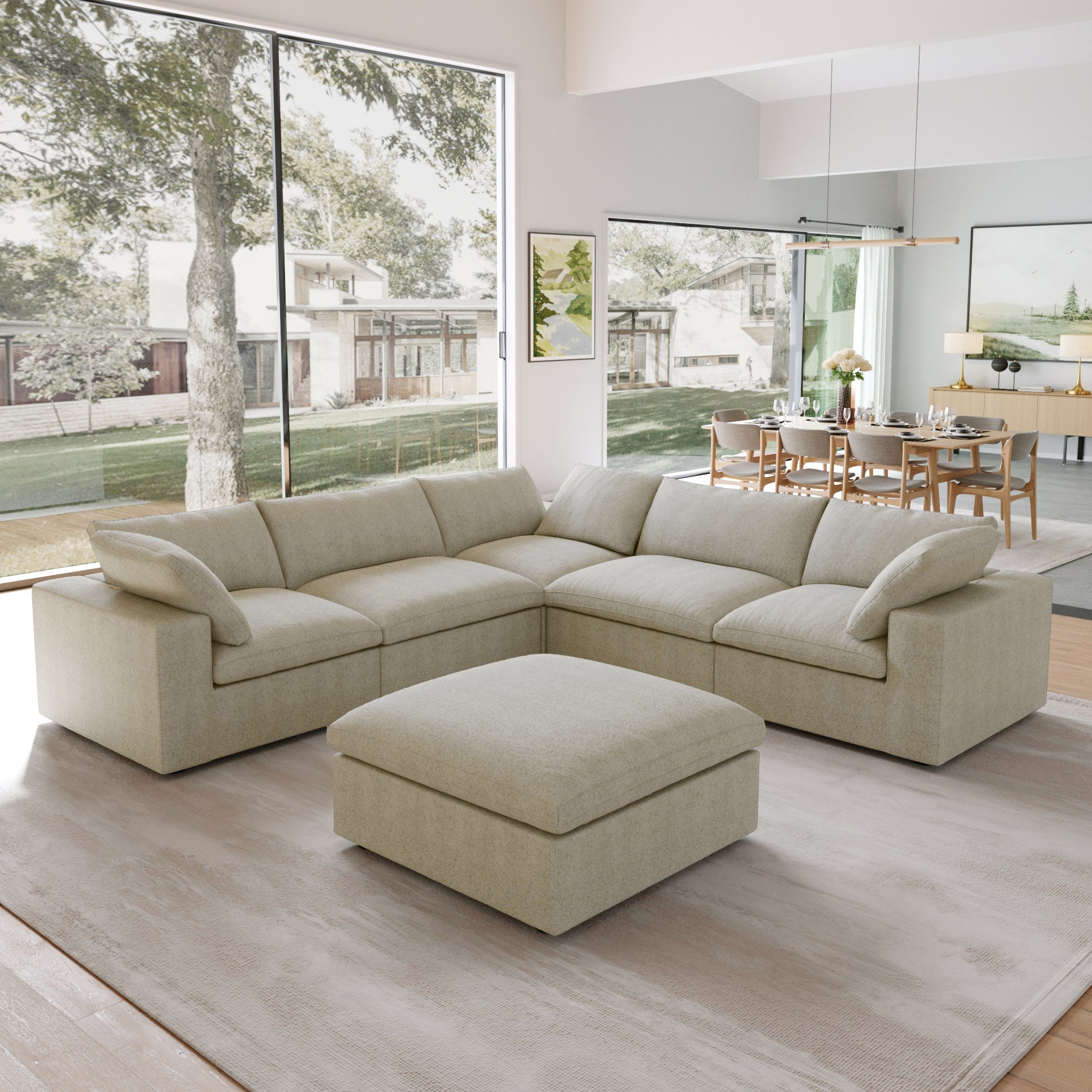 Classic Modular 5-Seater Corner Sectional + Ottoman in Khaki — Nationwide